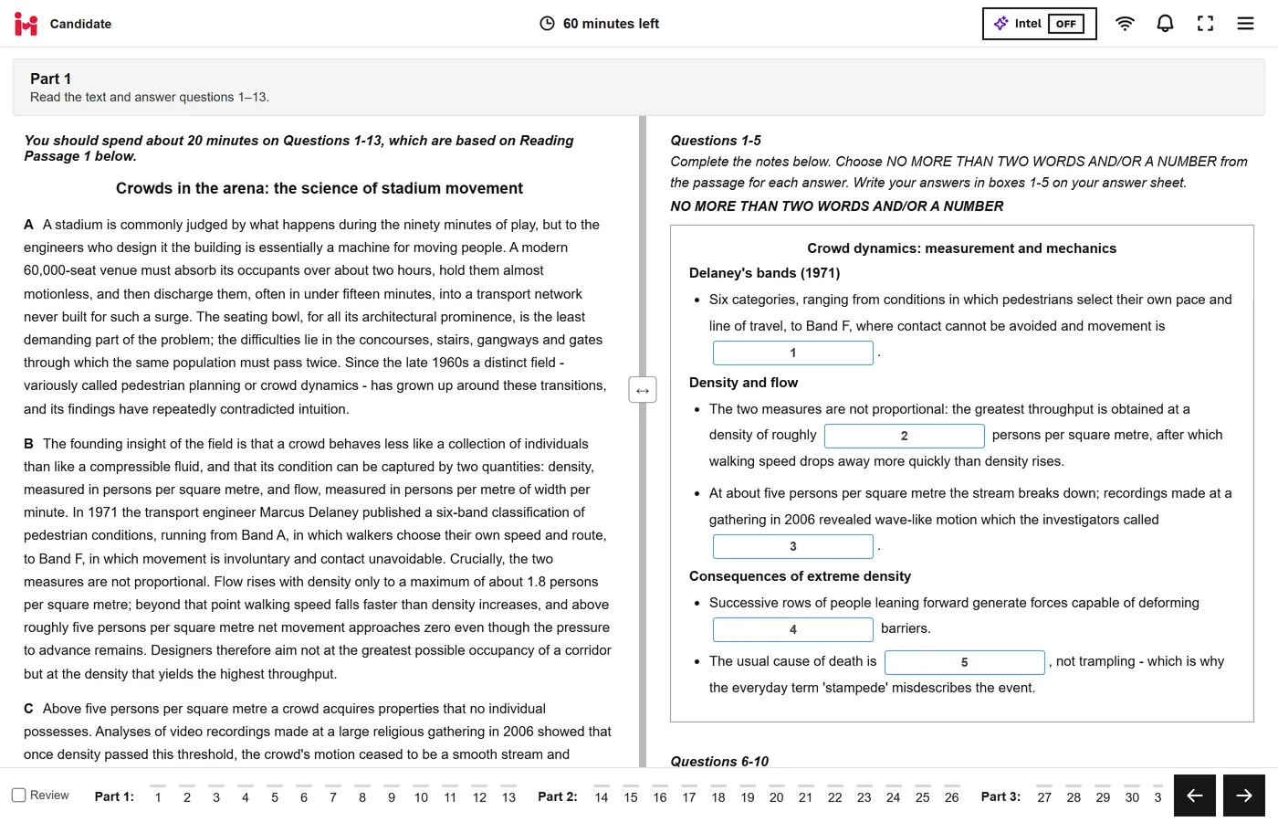 The computer-based Reading paper: passage on the left, questions on the right, timer at the top