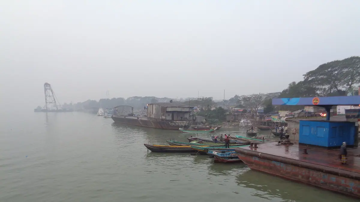 Boats at the Barishal launch terminal on the Kirtankhola River on a hazy morning