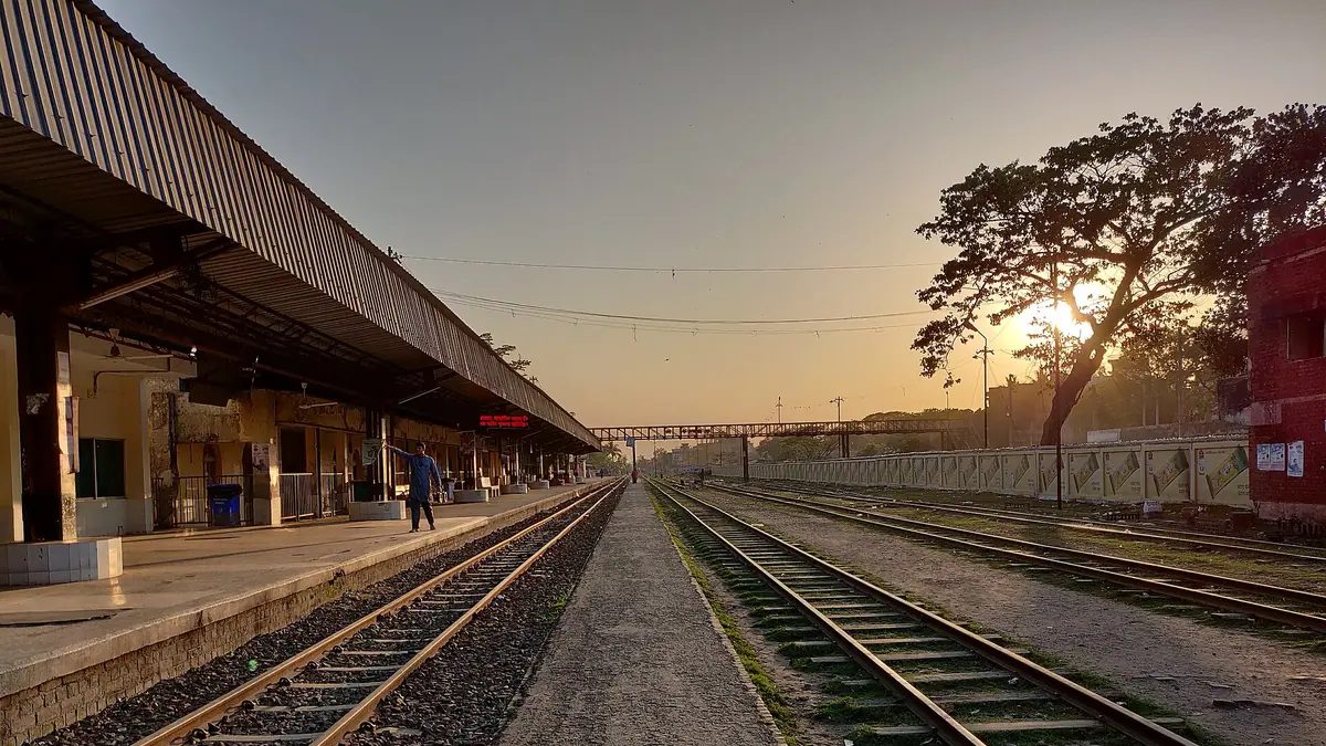 The platform of Bogura railway station at sunset