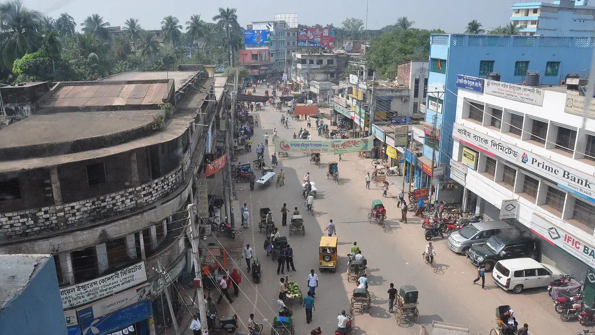 A busy street in central Jashore seen from a rooftop