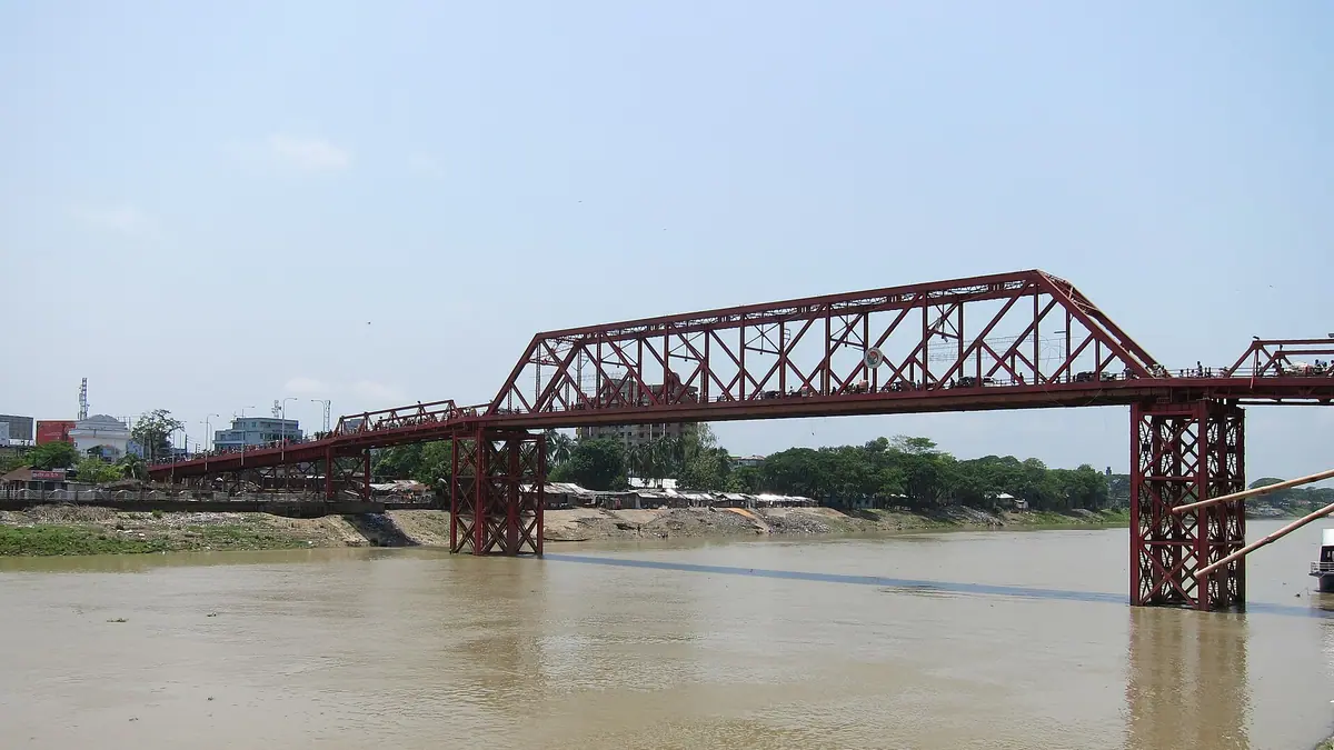 The red Keane Bridge crossing the Surma River in Sylhet